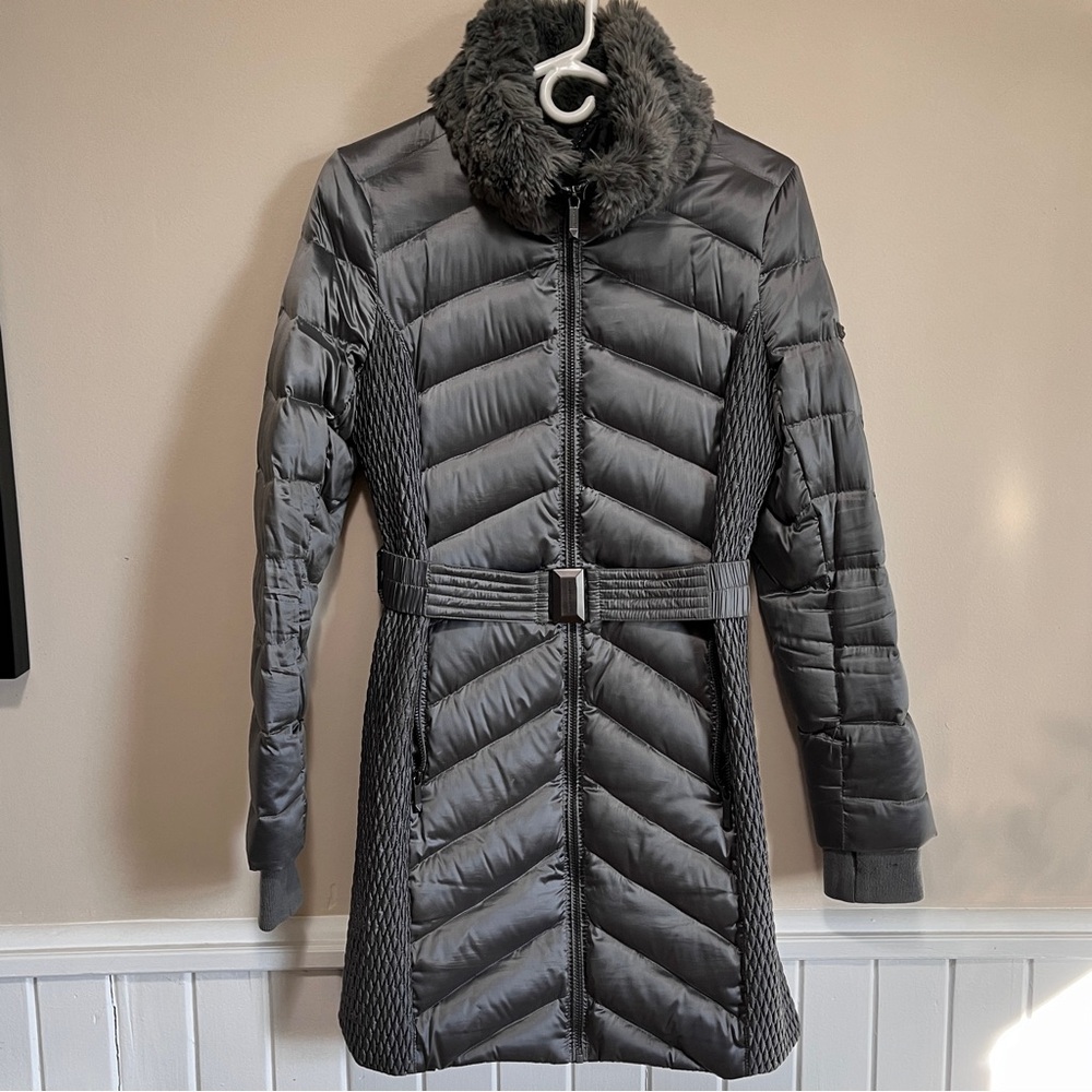 BCBG quilted winter coat with faux fur collar